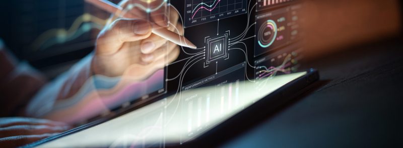 Dynamic and innovative image showcasing hand using digital pen to interact with advanced AI-powered analytics on a tablet. Virtual data charts, graphs, and technology concepts illustrate modern business intelligence, digital transformation, and the future of decision making. Perfect for conveying concepts of artificial intelligence, big data, fintech, smart solutions, and innovation in business environments.